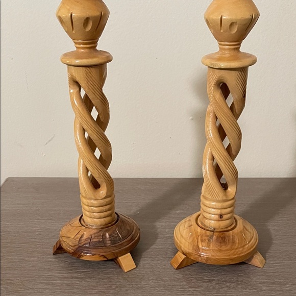 Artisan Twisted Wooden Candle Holders - Tan - Picture 1 of 13